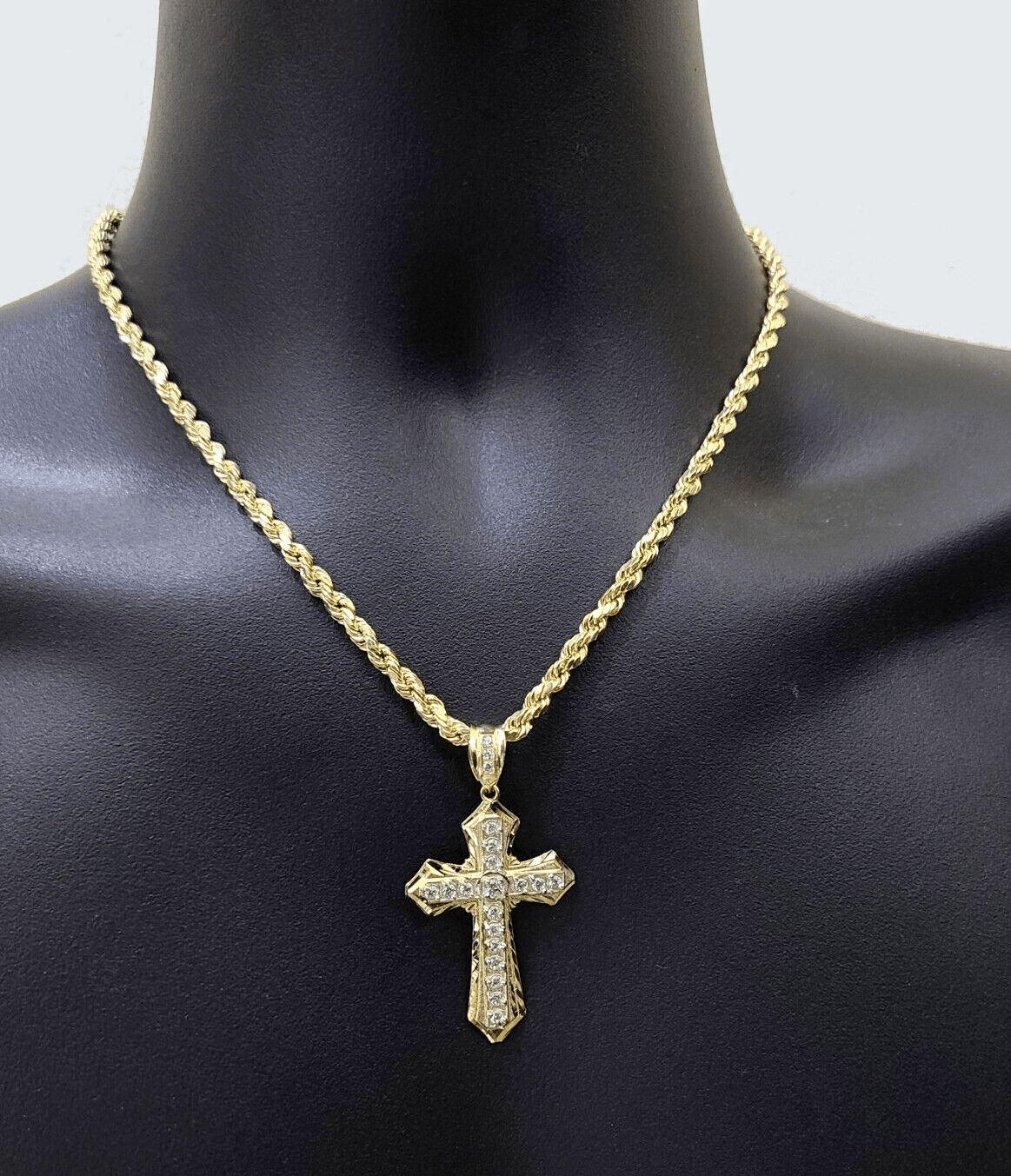Real 10k Yellow Gold Cross Charm Rope Chain Necklace 4mm 26'' Pendant 10kt Jesus - GoldenlinQ