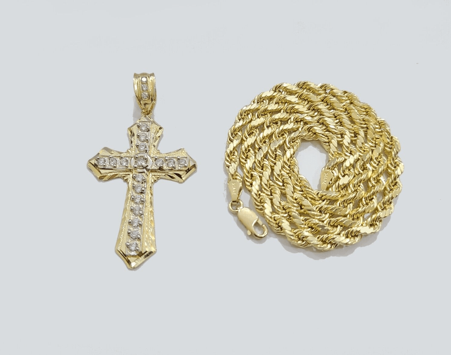 Real 10k Yellow Gold Cross Charm Rope Chain Necklace 4mm 28'' Pendant 10kt Jesus - GoldenlinQ