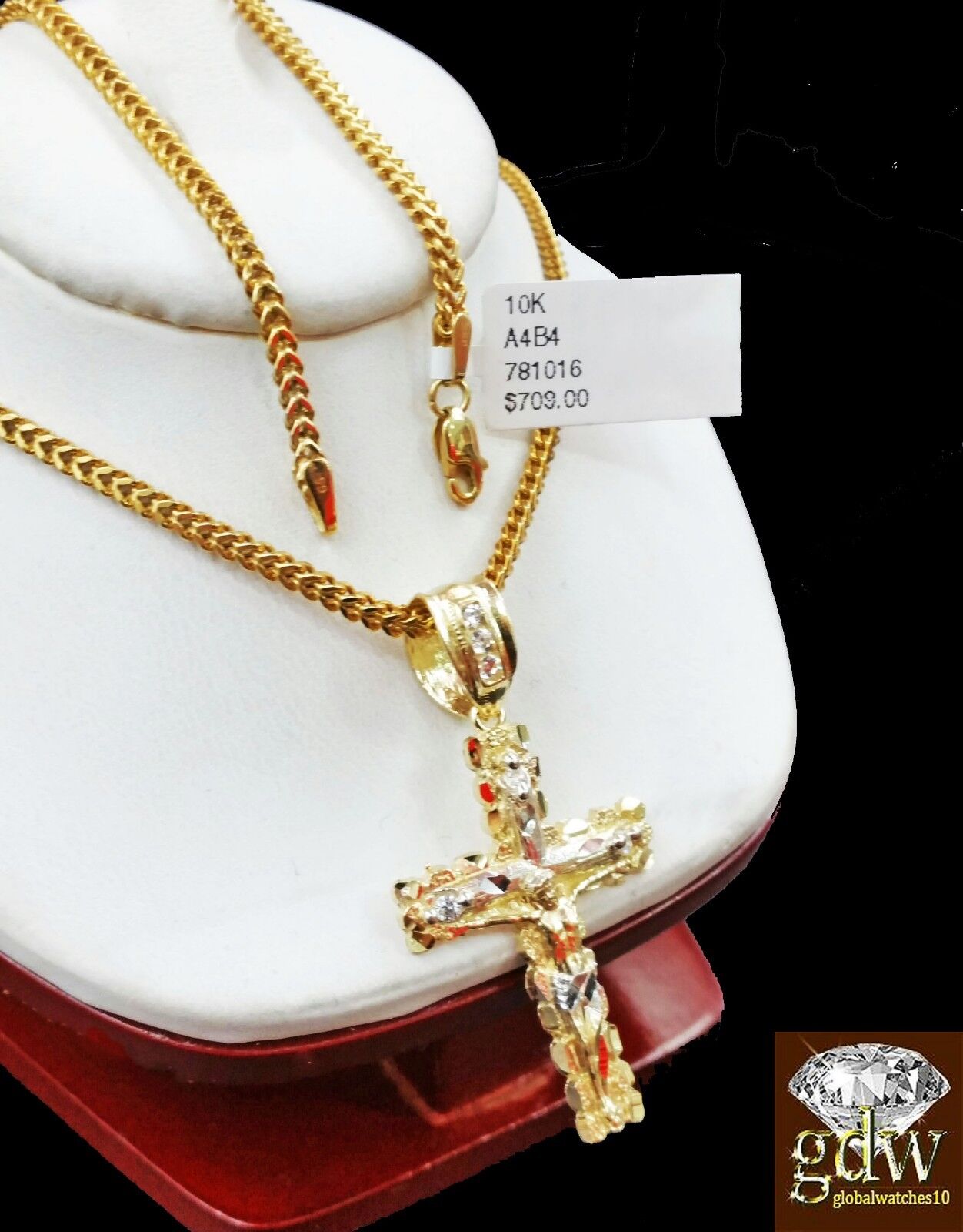Real 10k Yellow Gold Cross Jesus Charm Pendant 22" Inch Franco Chain - GoldenlinQ