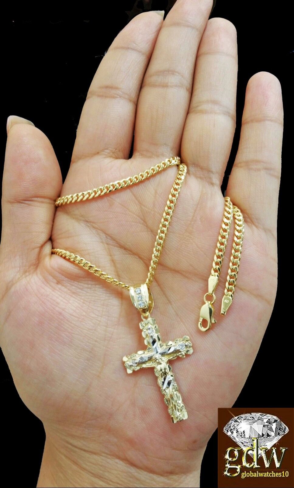 Real 10k Yellow Gold Cross Jesus Charm Pendant Miami Cuban 20" Necklace - GoldenlinQ