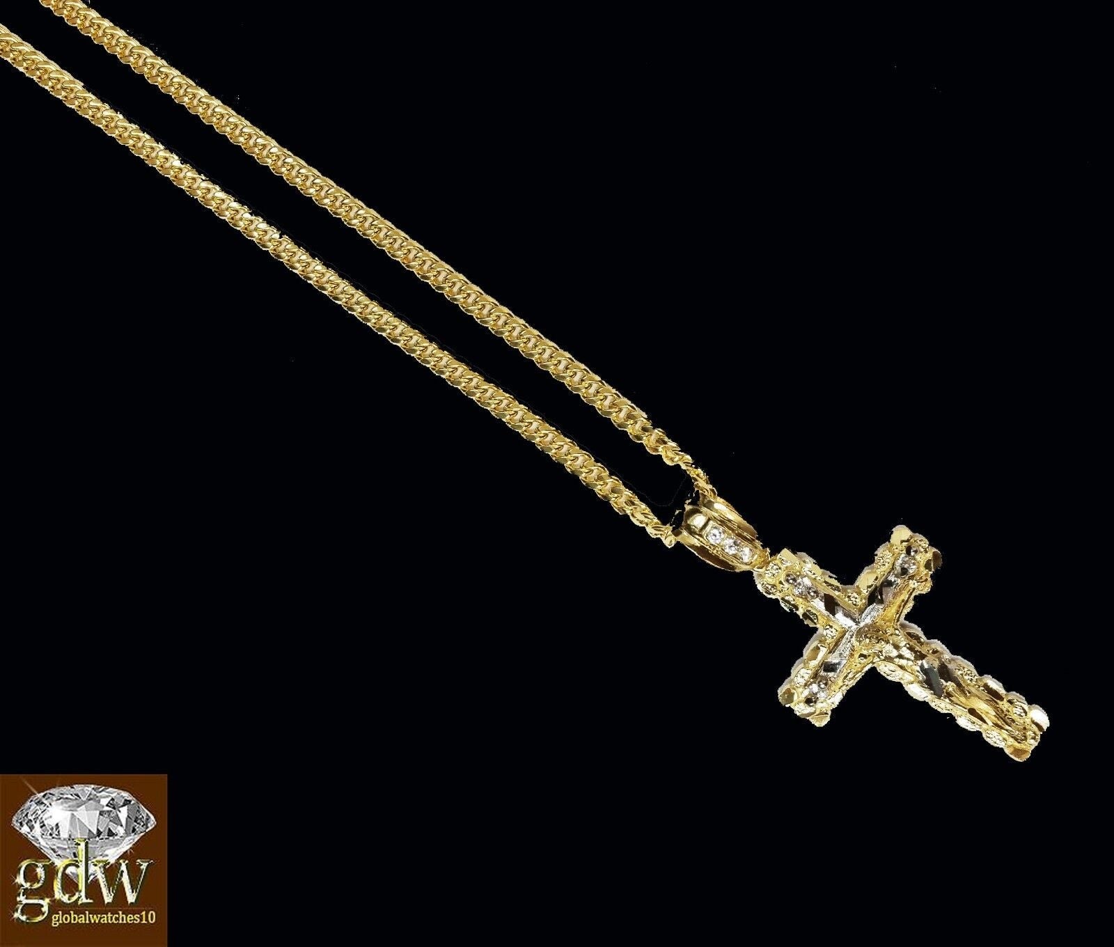 Real 10k Yellow Gold Cross Jesus Charm Pendant Miami Cuban 20" Necklace - GoldenlinQ