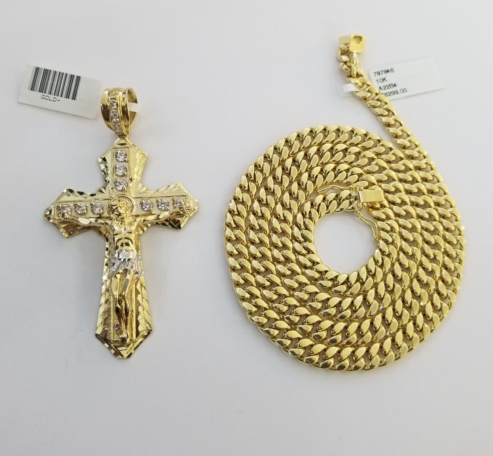 Real 10k Yellow Gold Cross Miami Cuban Link Chain Jesus Charm Pendant 6mm 24" - GoldenlinQ