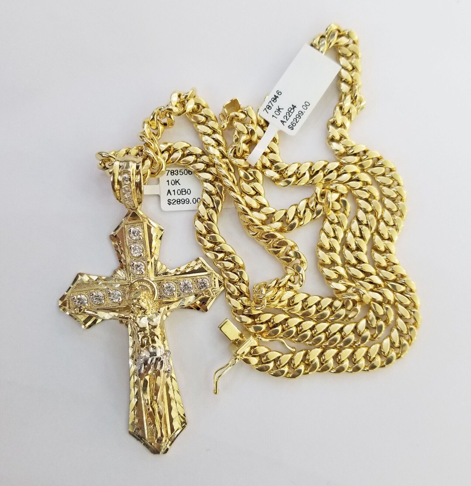 Real 10k Yellow Gold Cross Miami Cuban Link Chain Jesus Charm Pendant 6mm 24" - GoldenlinQ