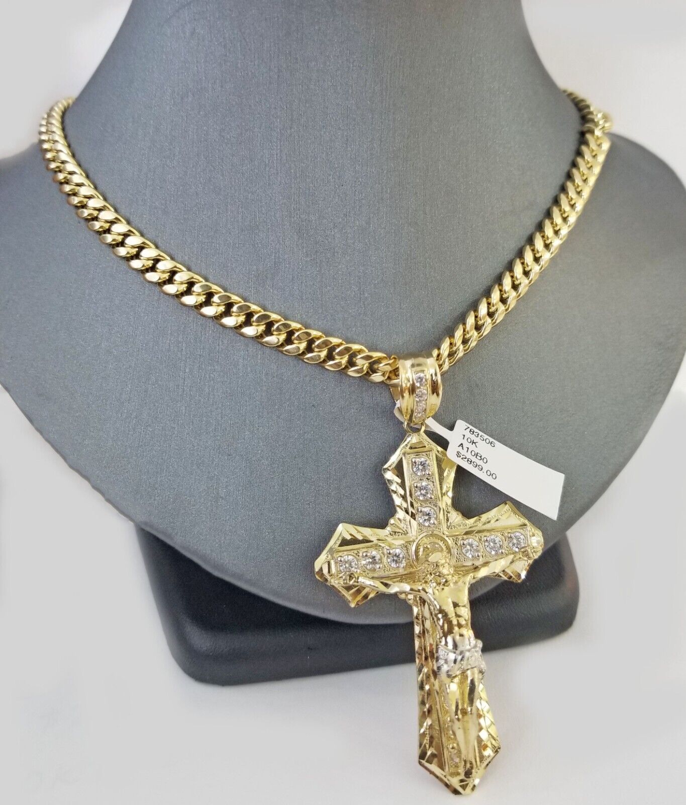 Real 10k Yellow Gold Cross Miami Cuban Link Chain Jesus Charm Pendant 6mm 24" - GoldenlinQ