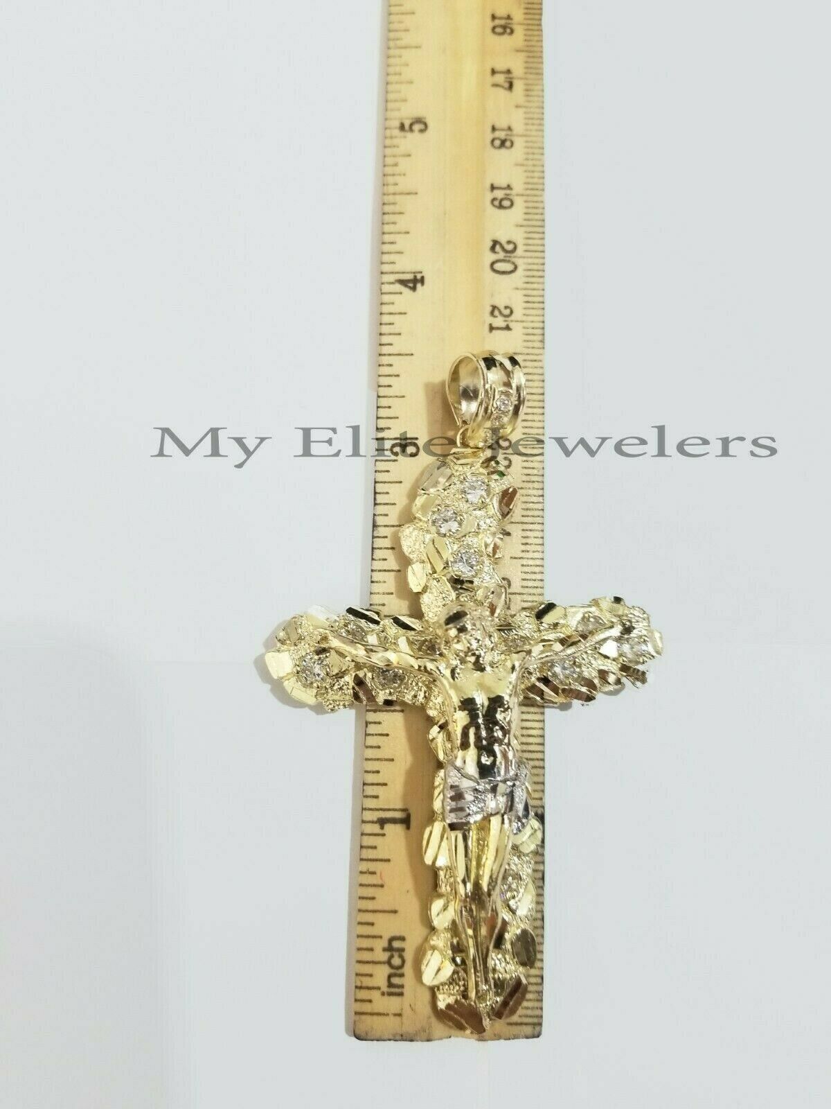 REAL 10K Yellow Gold Cross Pendant Charm Mens Jesus Crucifix 3.5" Free Shape Big - GoldenlinQ
