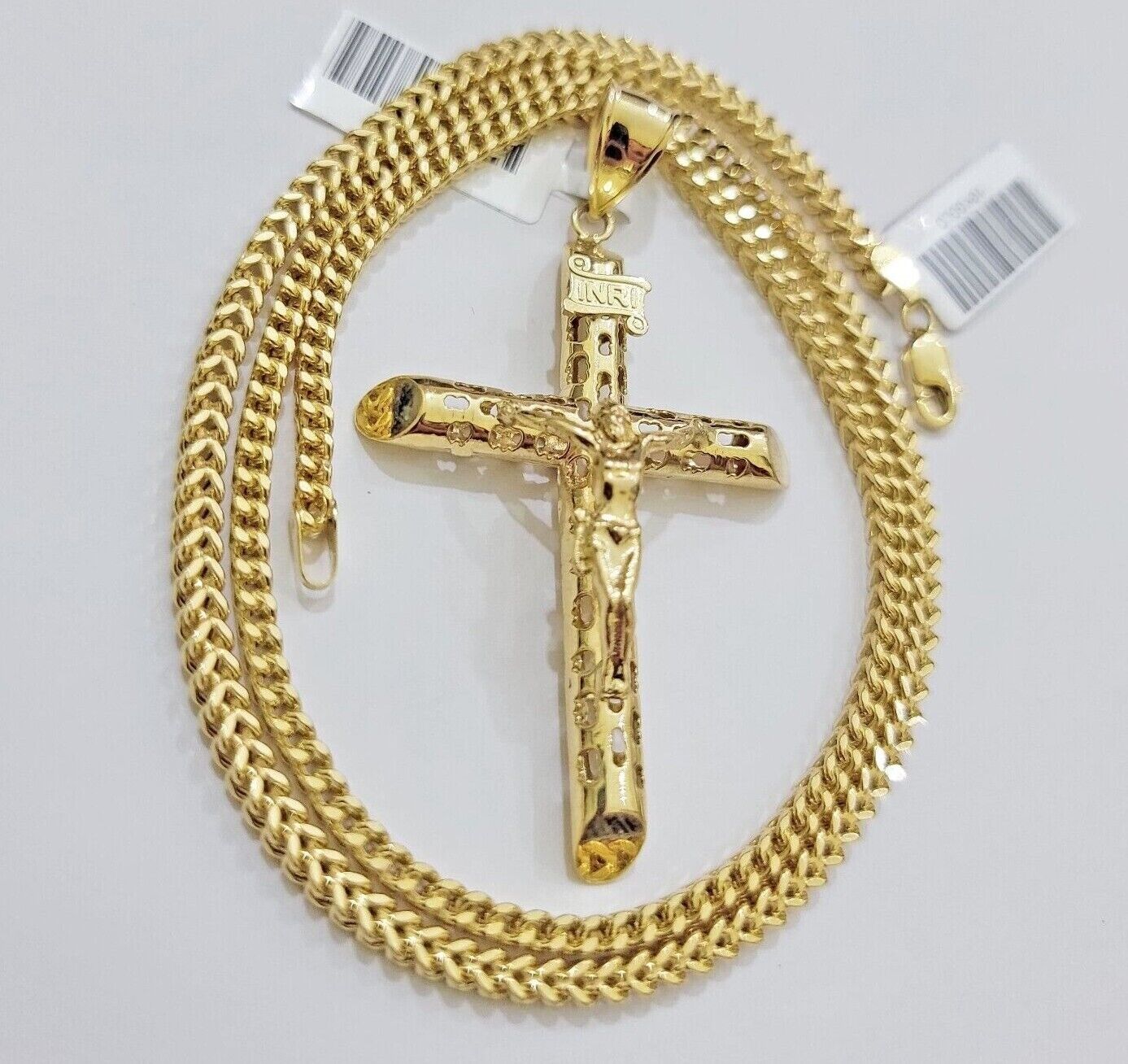 REAL 10k Yellow Gold Cross Pendant Franco Chain Necklace 22 Inch &Jesus Crucifix - GoldenlinQ