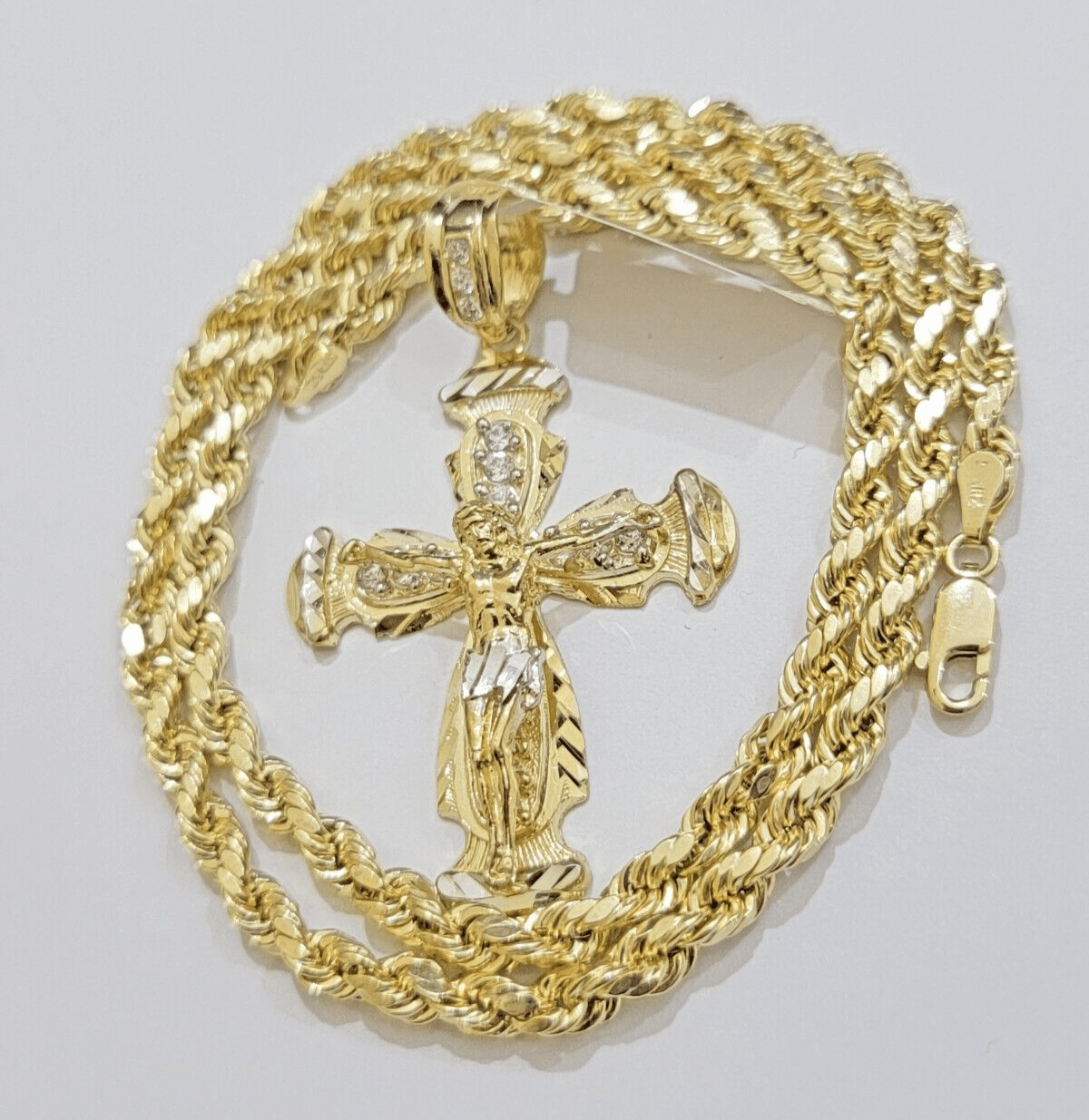 Real 10k Yellow Gold Cross pendant With Rope Chain Necklace 5mm 22" SET Charm - GoldenlinQ