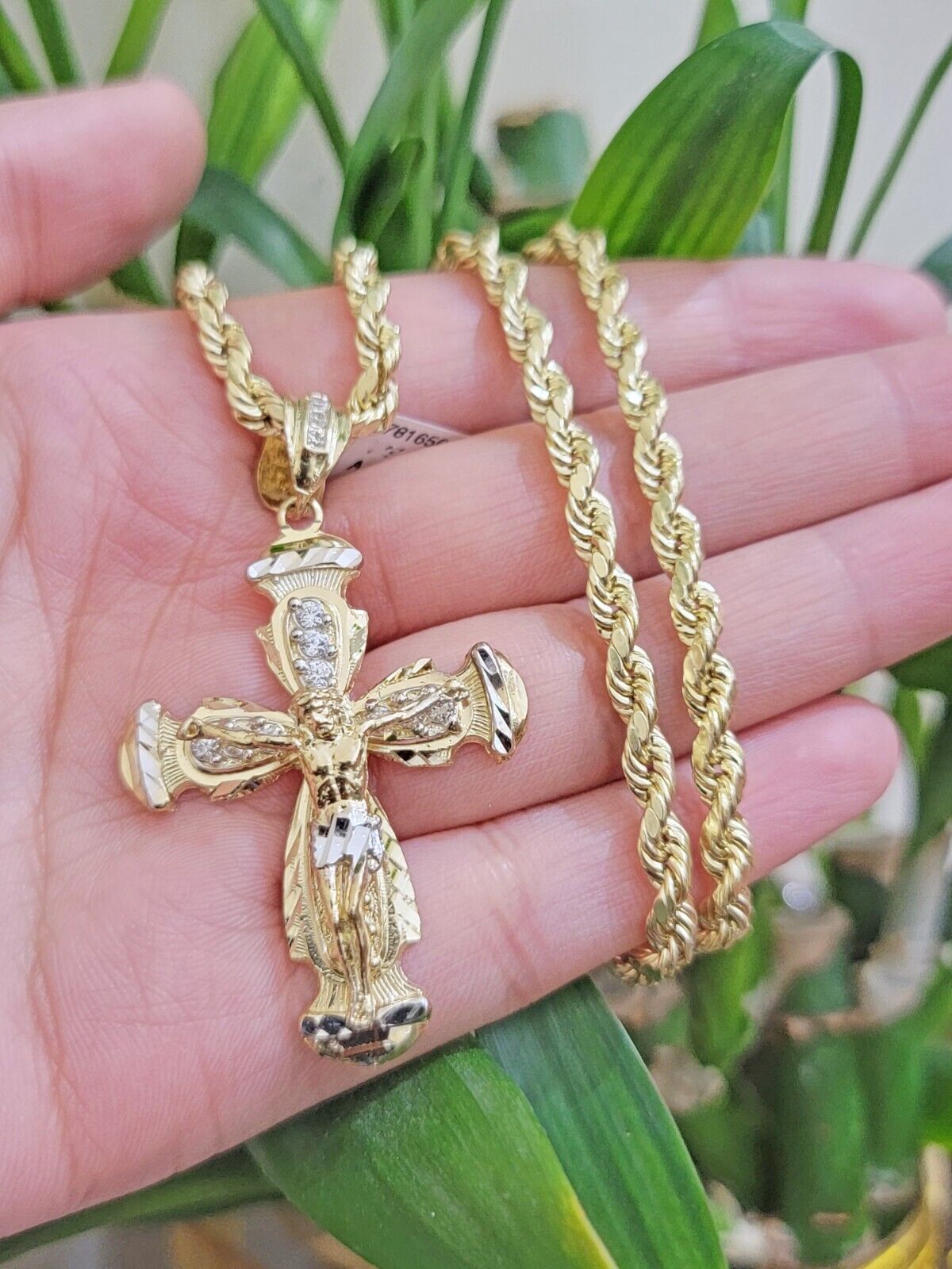 Real 10k Yellow Gold Cross pendant With Rope Chain Necklace 5mm 22" SET Charm - GoldenlinQ