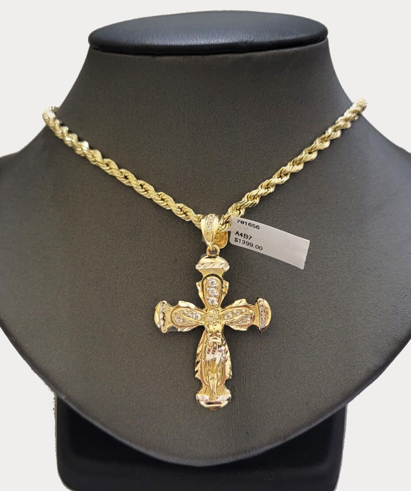 Real 10k Yellow Gold Cross pendant With Rope Chain Necklace 5mm 22" SET Charm - GoldenlinQ