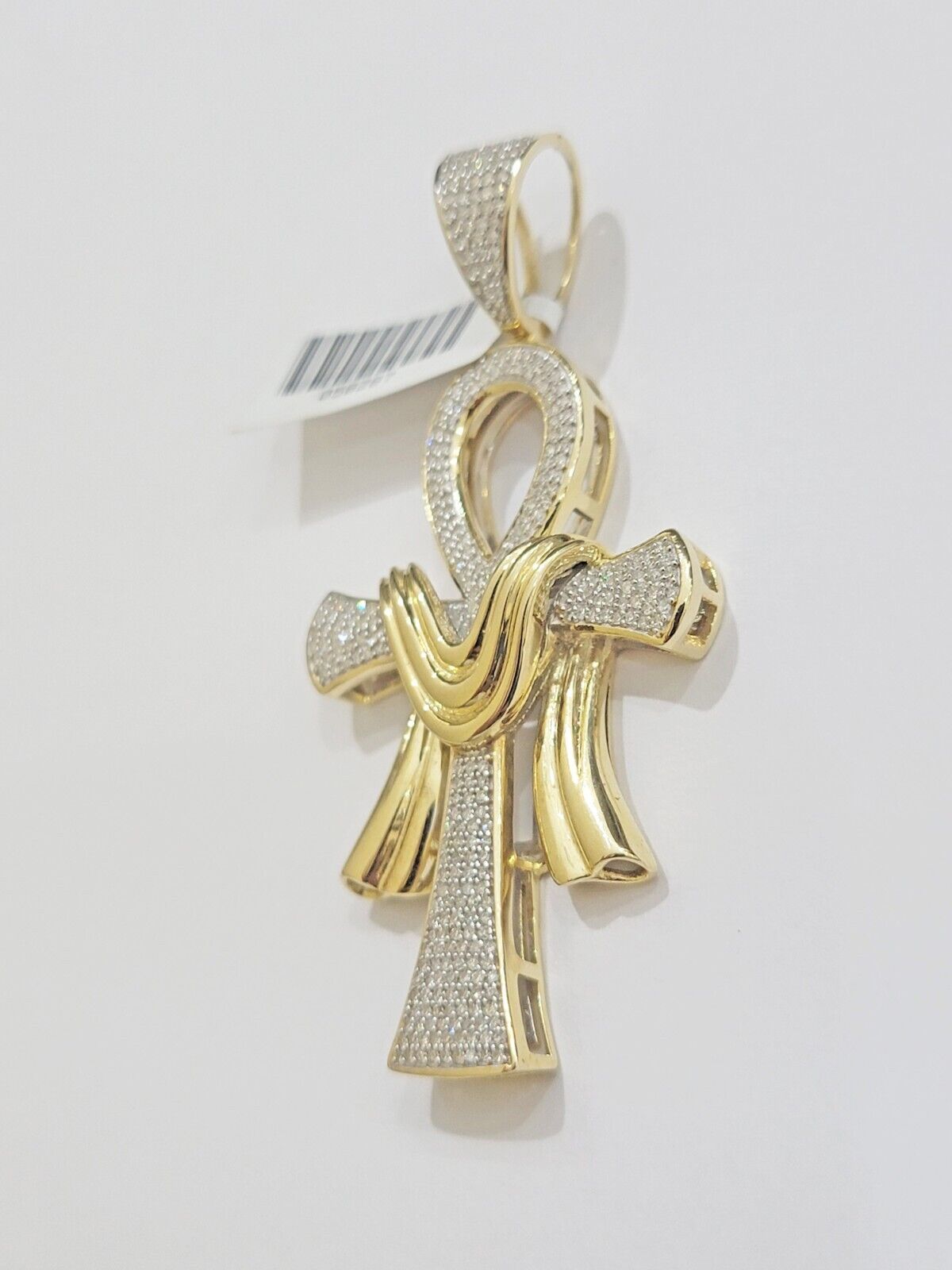 Real 10k Yellow Gold Diamond Ankh Cross Charm Pendant 0.80 CT Mens 2.5Inch - GoldenlinQ