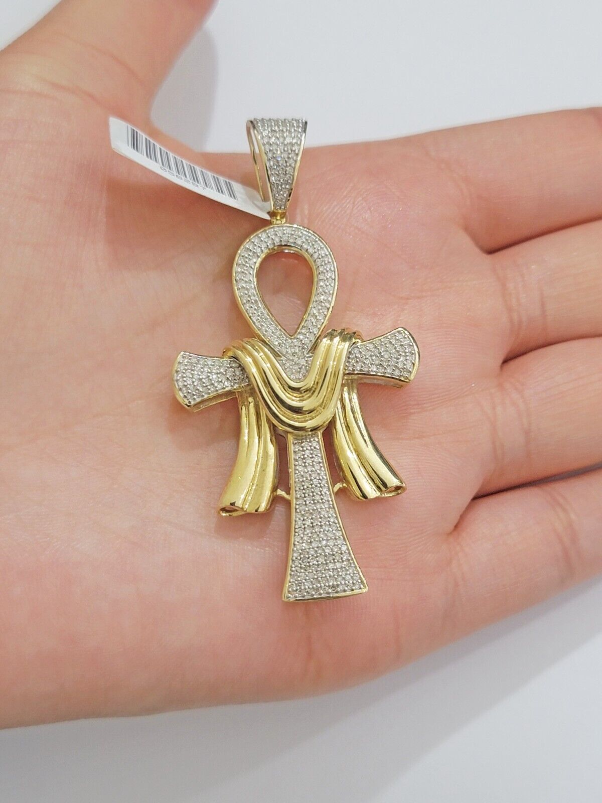 Real 10k Yellow Gold Diamond Ankh Cross Charm Pendant 0.80 CT Mens 2.5Inch - GoldenlinQ