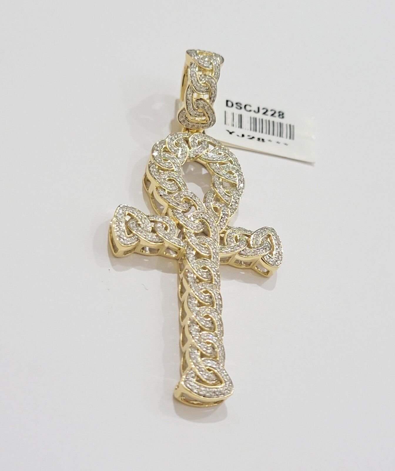 Real 10k Yellow Gold Diamond Ankh Cross Charm Pendant 1.08 CT Mens 2.5Inch - GoldenlinQ