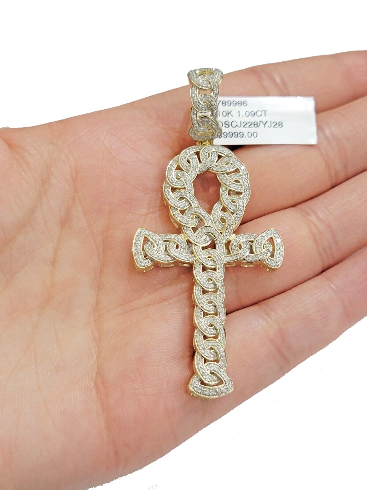 Real 10k Yellow Gold Diamond Ankh Cross Charm Pendant 1.08 CT Mens 2.5Inch - GoldenlinQ