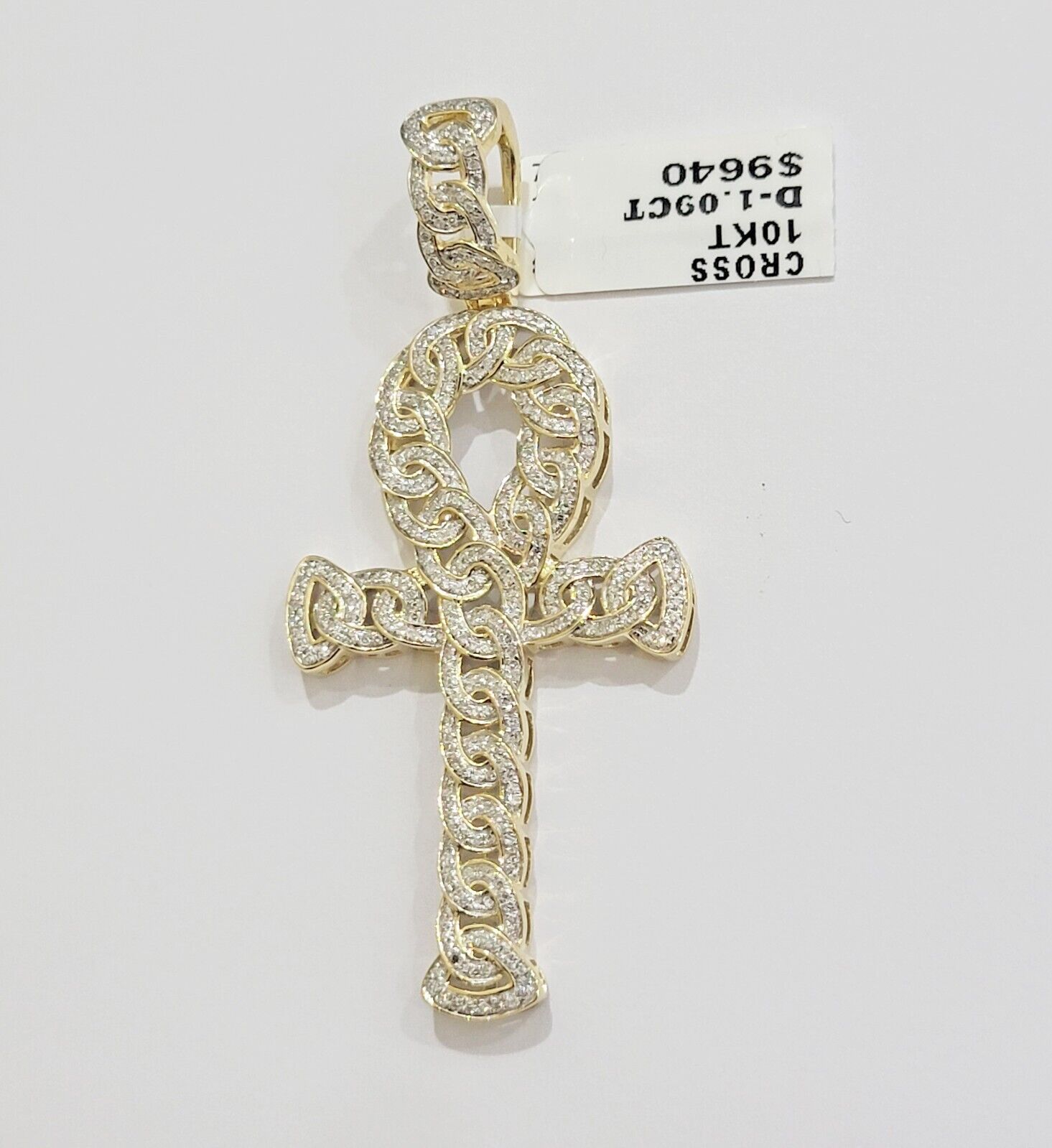 Real 10k Yellow Gold Diamond Ankh Cross Charm Pendant 1.08 CT Mens 2.5Inch - GoldenlinQ