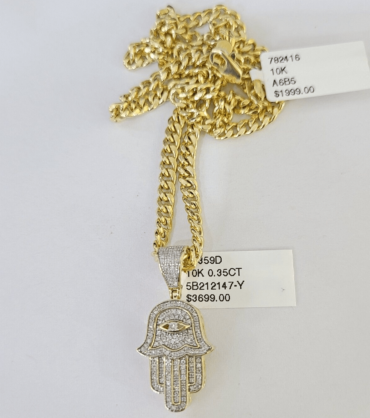 Real 10k Yellow Gold Diamond Charm Hamsa Hand Pendant& Cuban Link Chain Neckalce - GoldenlinQ