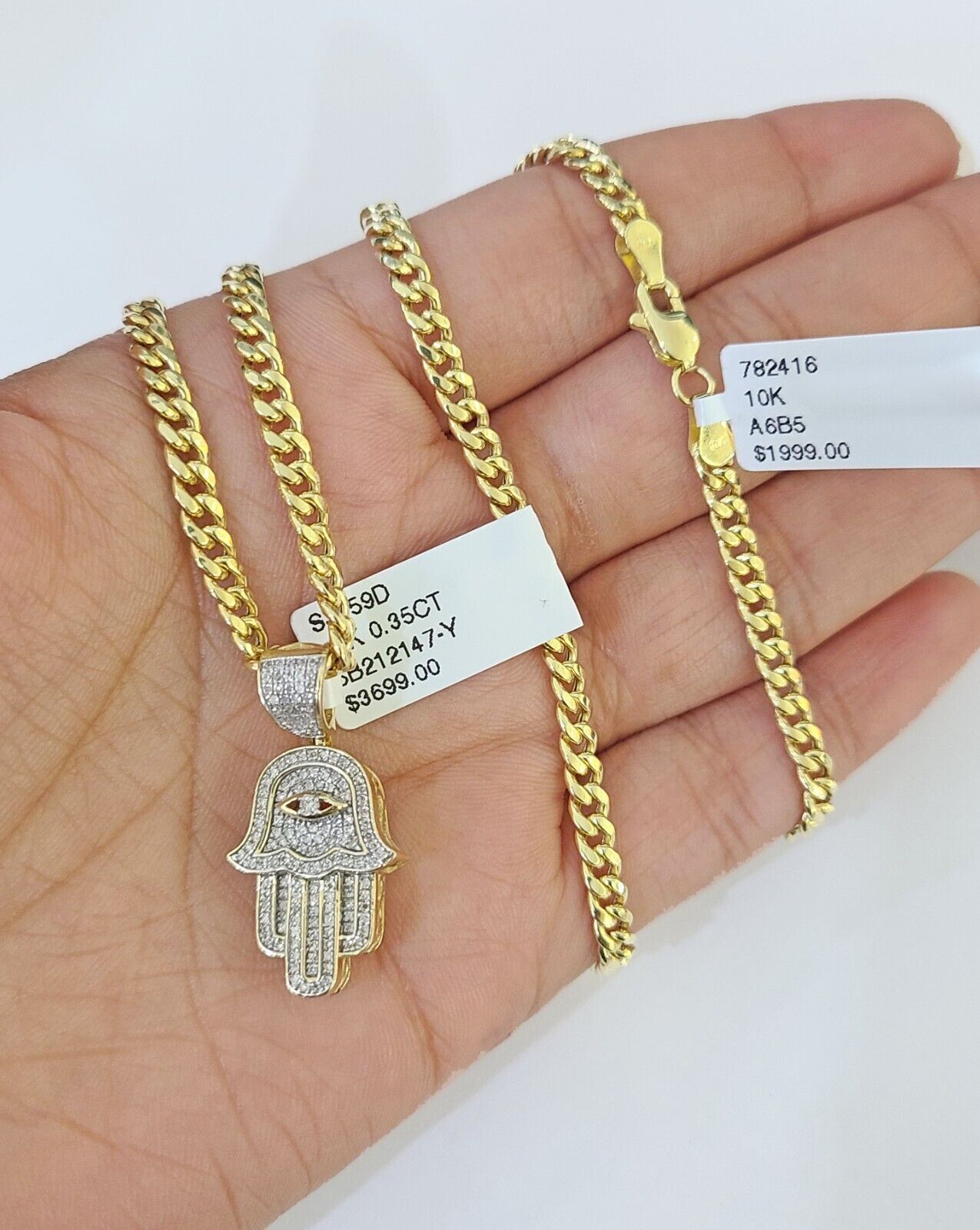 Real 10k Yellow Gold Diamond Charm Hamsa Hand Pendant& Cuban Link Chain Neckalce - GoldenlinQ