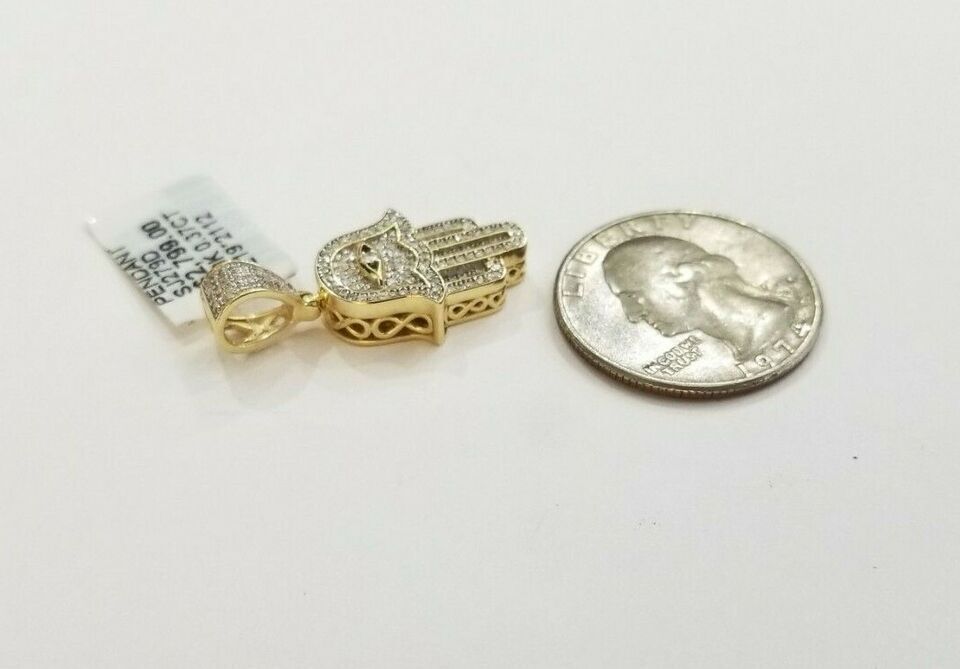 Real 10k Yellow Gold Diamond Charm Hamsa Hand Pendant& Cuban Link Chain Neckalce - GoldenlinQ