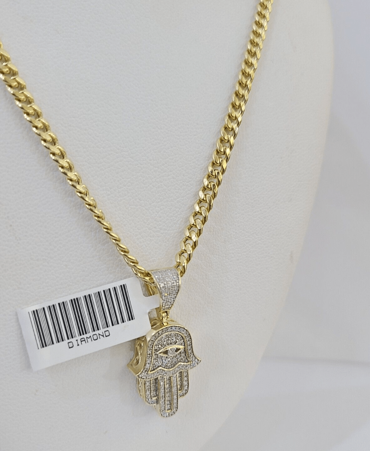 Real 10k Yellow Gold Diamond Charm Hamsa Hand Pendant& Cuban Link Chain Neckalce - GoldenlinQ