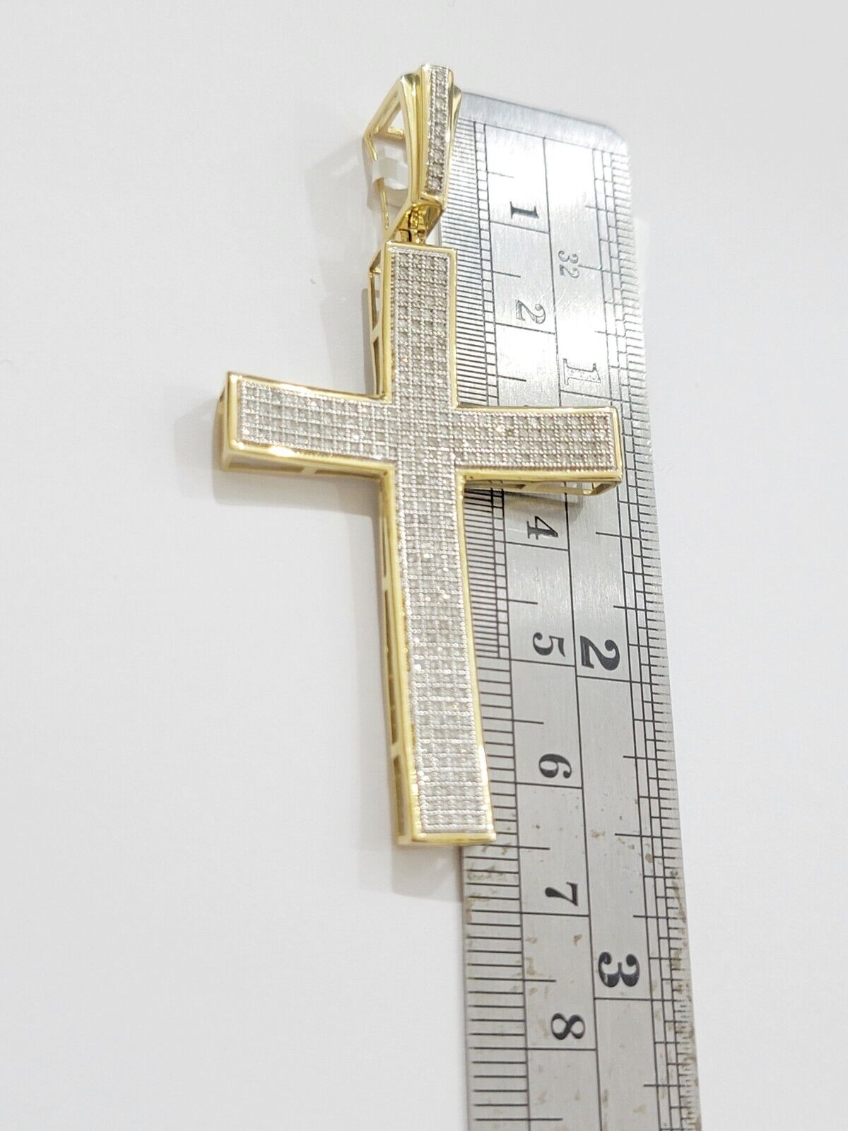 Real 10k Yellow Gold Diamond Cross Charm Pendant 0.75 CT Men Jesus Cross 2.5Inch - GoldenlinQ