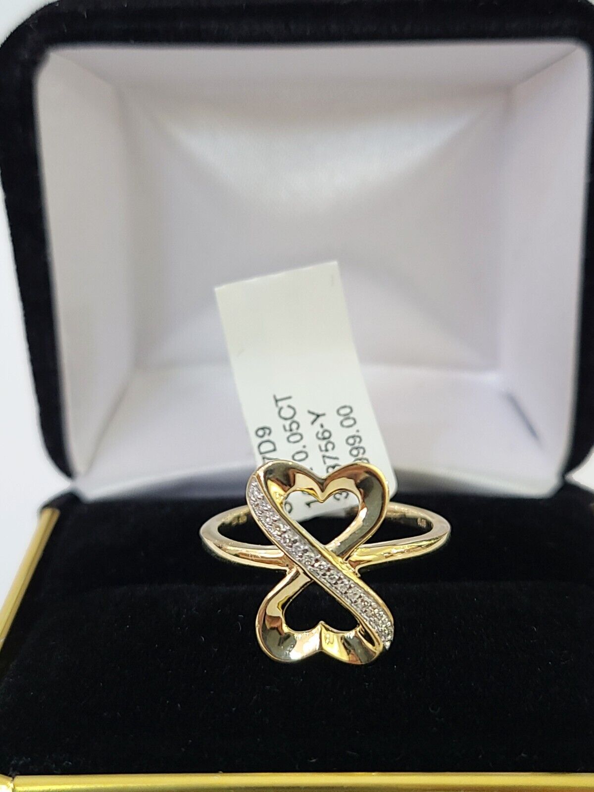 Real 10k Yellow Gold Diamond Ladies Ring 2 Hearts Women Engagement Wedding - GoldenlinQ