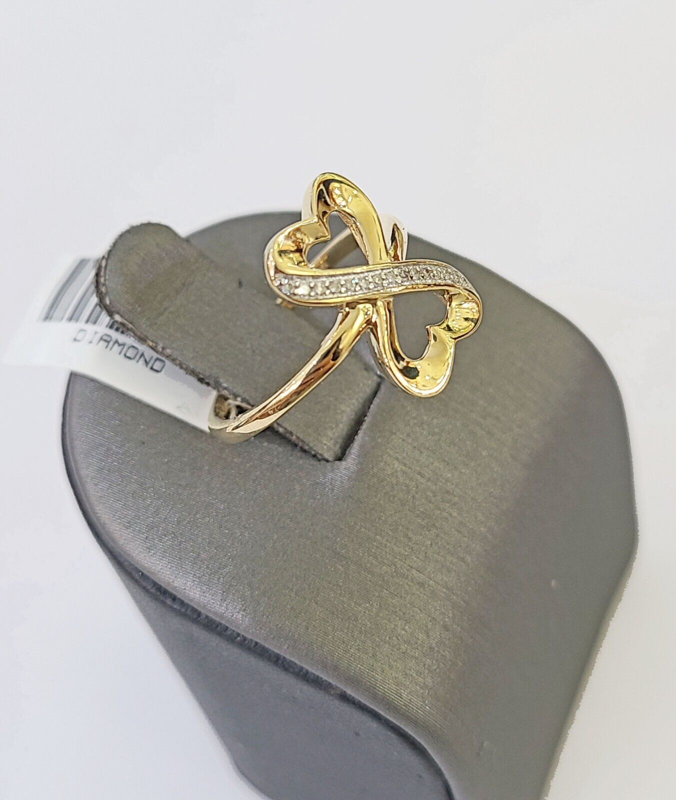 Real 10k Yellow Gold Diamond Ladies Ring 2 Hearts Women Engagement Wedding - GoldenlinQ