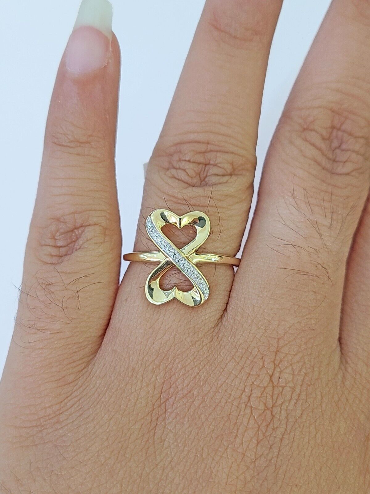 Real 10k Yellow Gold Diamond Ladies Ring 2 Hearts Women Engagement Wedding - GoldenlinQ