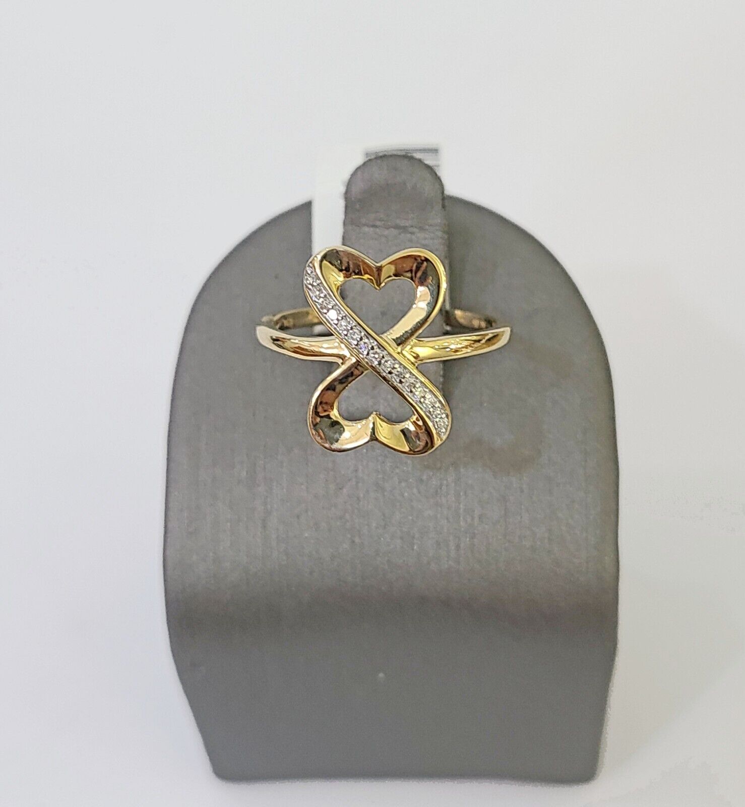 Real 10k Yellow Gold Diamond Ladies Ring 2 Hearts Women Engagement Wedding - GoldenlinQ