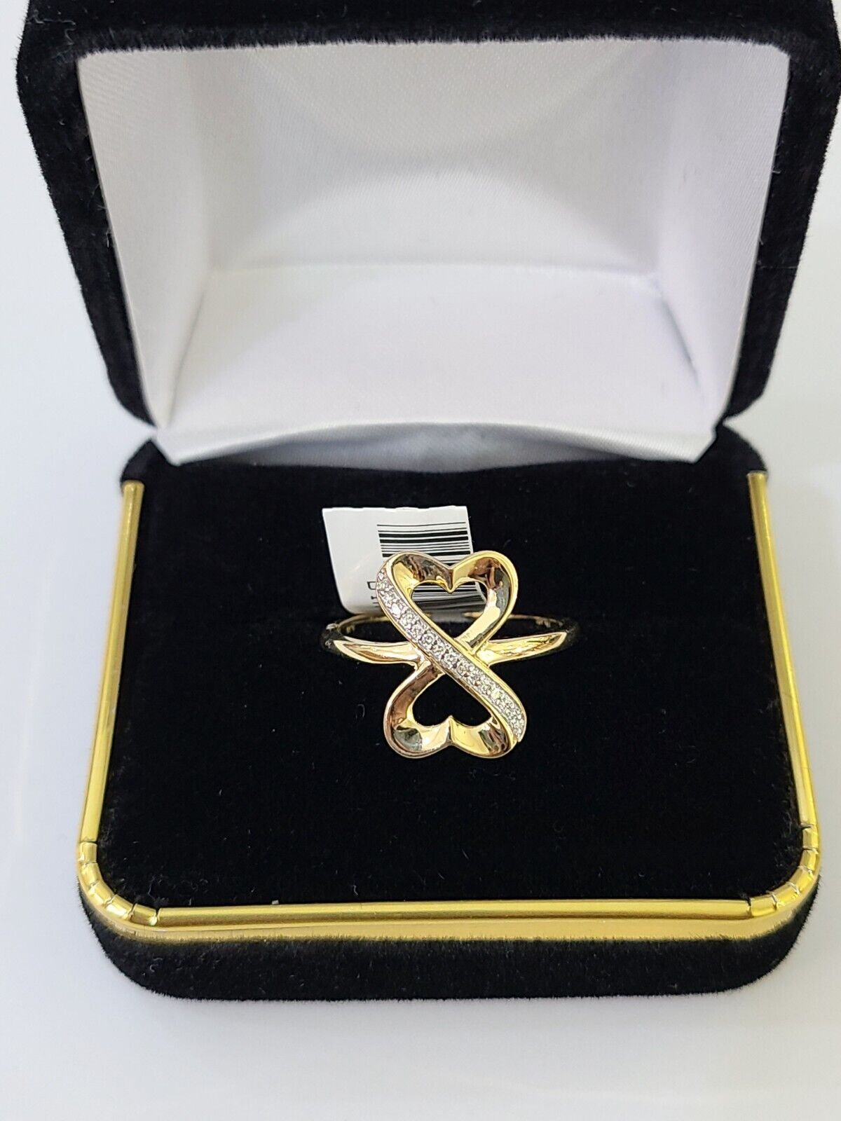 Real 10k Yellow Gold Diamond Ladies Ring 2 Hearts Women Engagement Wedding - GoldenlinQ