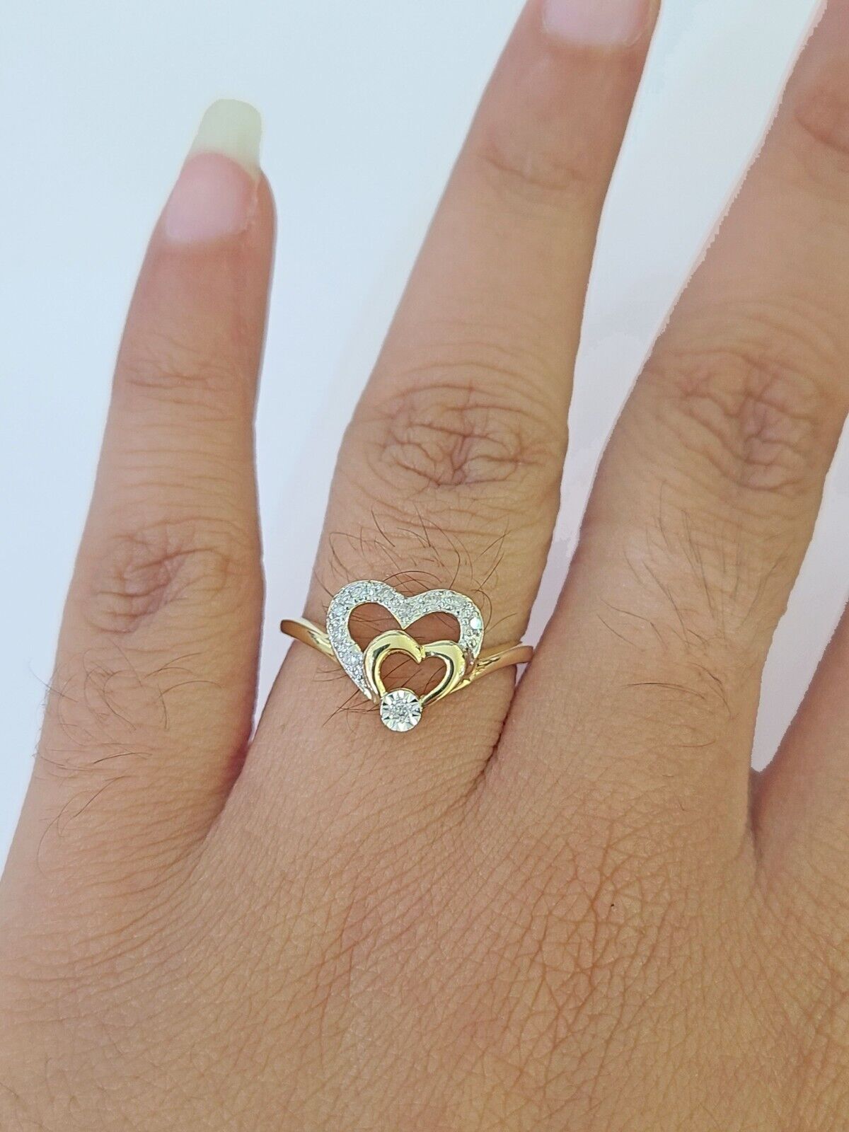 REAL 10k Yellow Gold Diamond Ladies Ring Hearts Women Engagement Wedding - GoldenlinQ