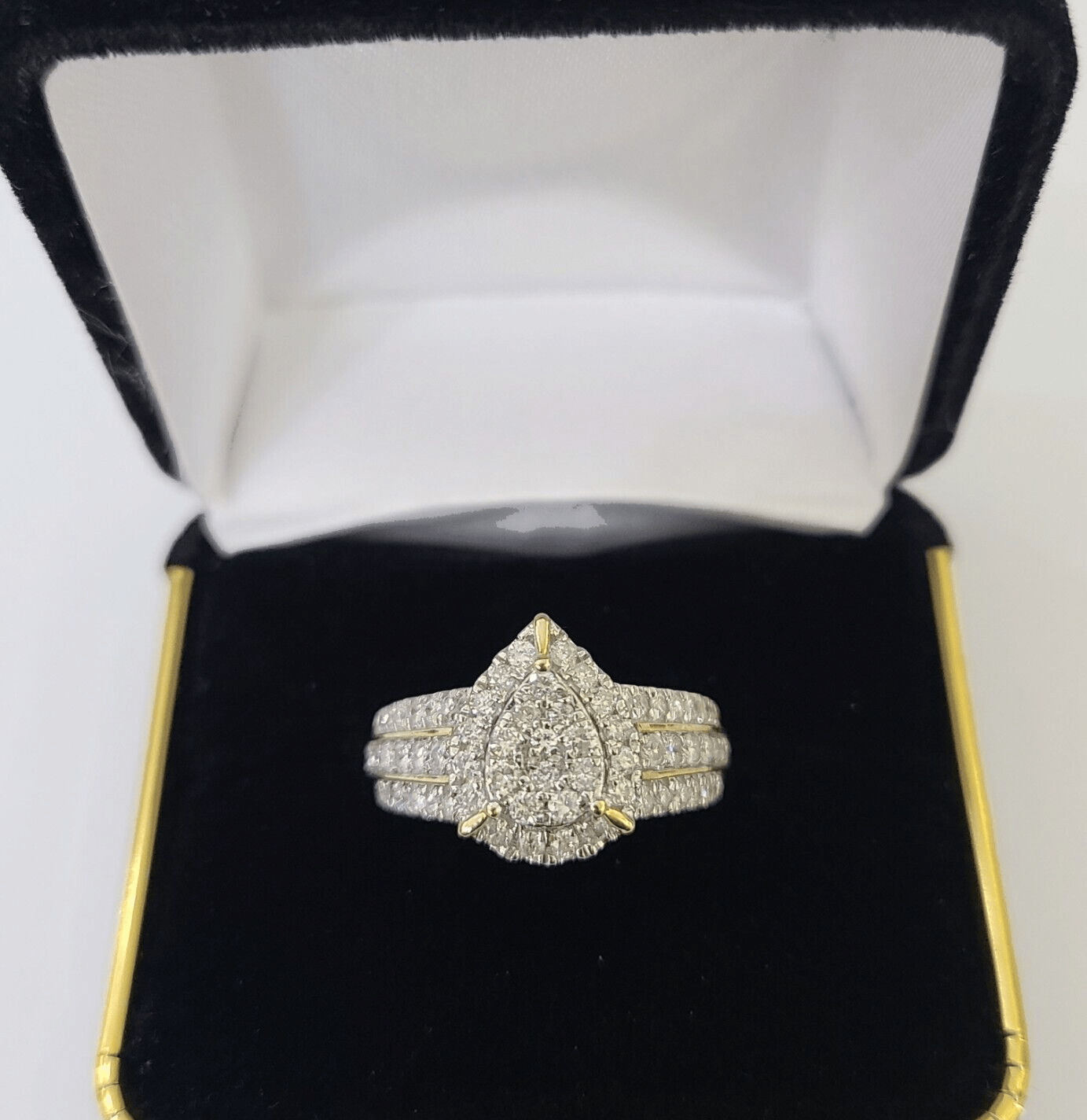 Real 10k Yellow Gold Diamond Ladies Ring pear Shape Women Engagement Wedding - GoldenlinQ