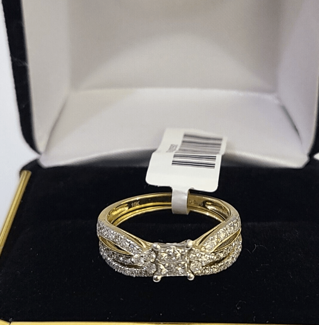 Real 10k Yellow Gold Diamond Ladies Ring SET Women Engagement Wedding - GoldenlinQ