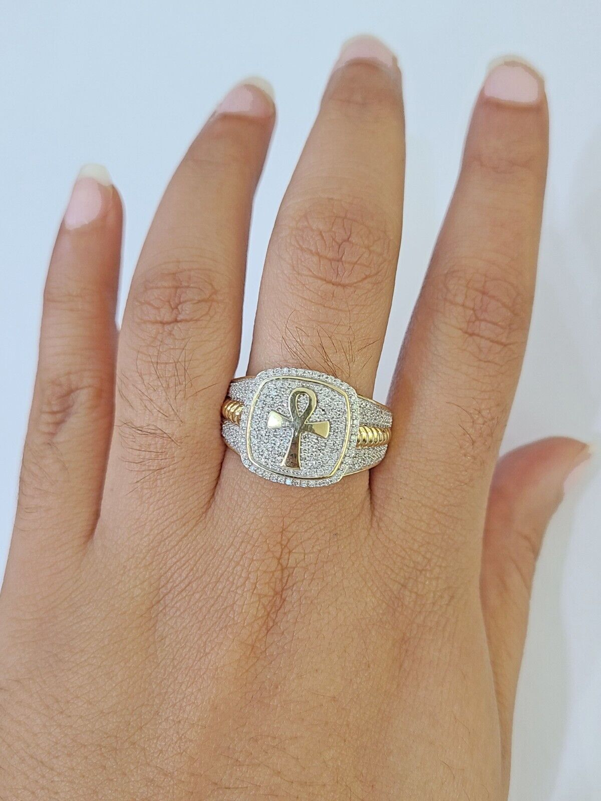 Real 10k Yellow Gold Diamond Mens Ring Ankh Cross Band Wedding Genuine Natural - GoldenlinQ