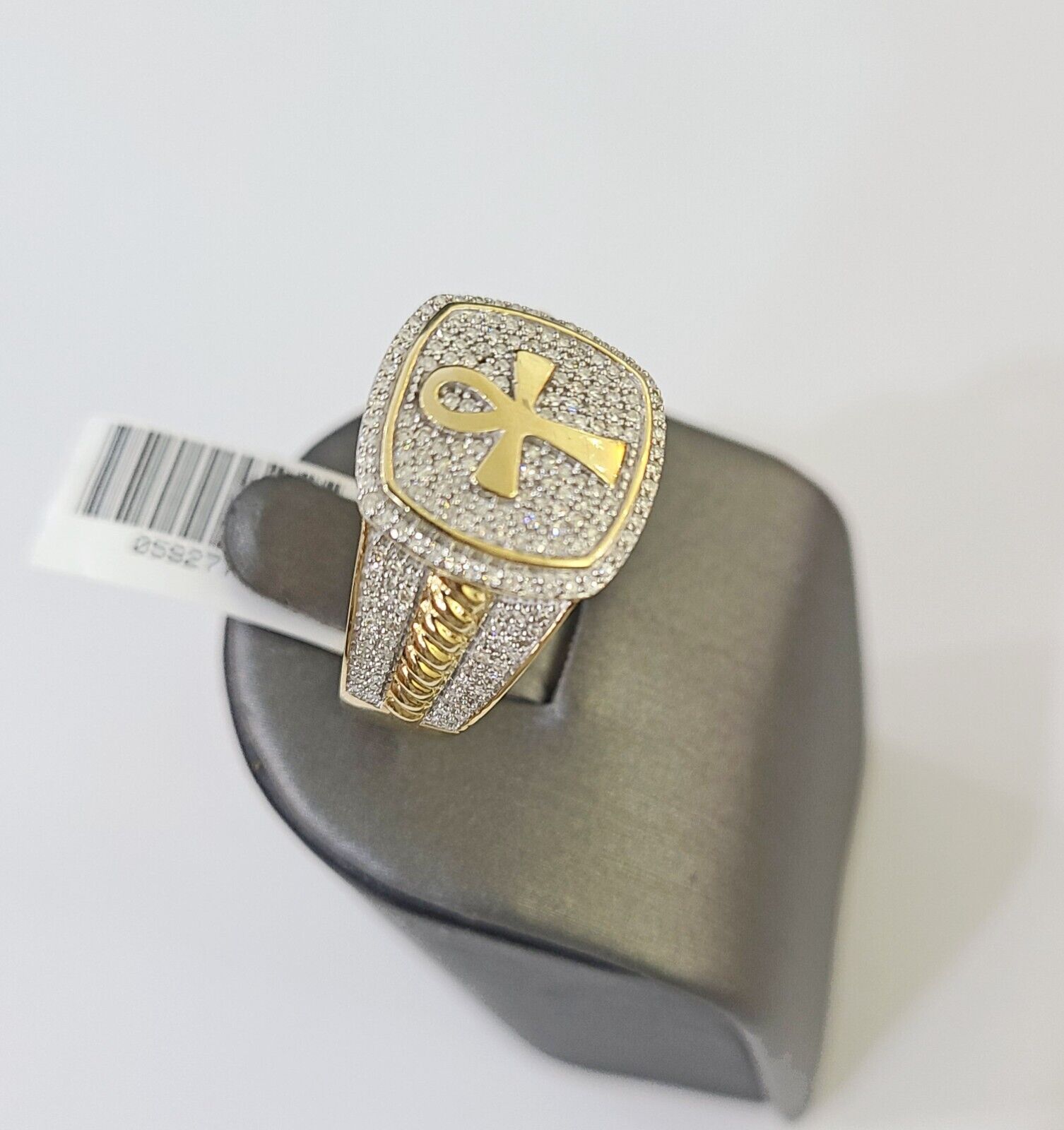Real 10k Yellow Gold Diamond Mens Ring Ankh Cross Band Wedding Genuine Natural - GoldenlinQ