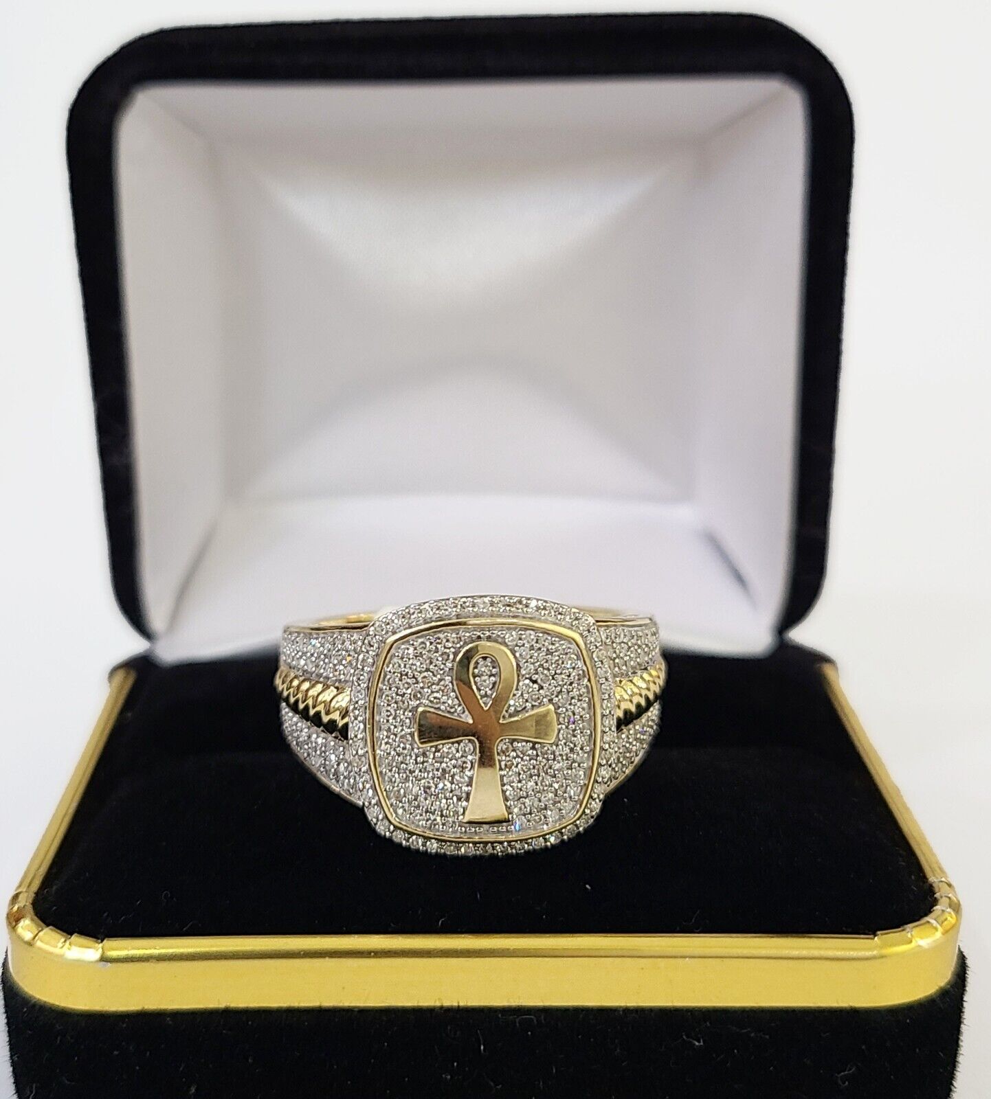 Real 10k Yellow Gold Diamond Mens Ring Ankh Cross Band Wedding Genuine Natural - GoldenlinQ