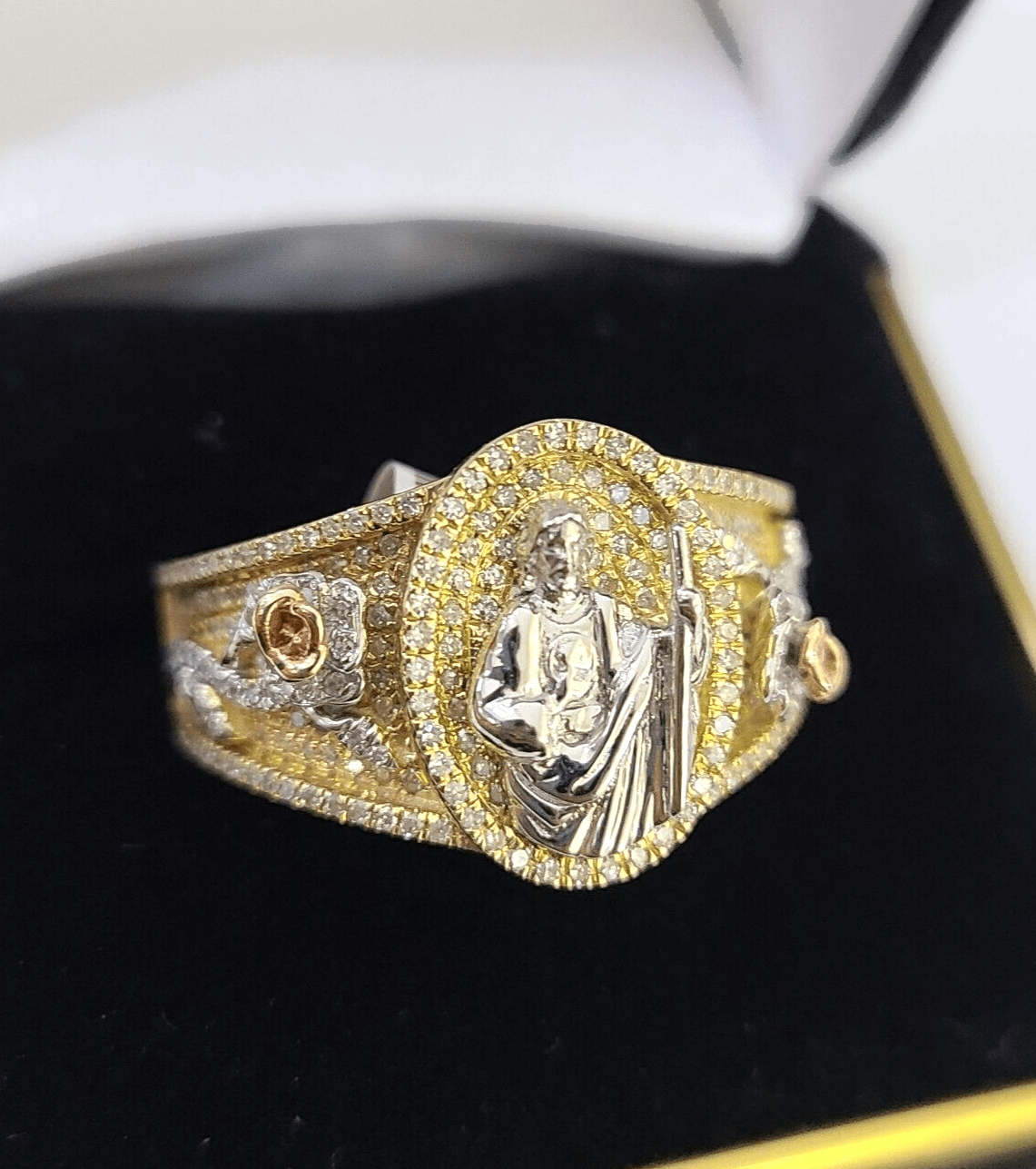 Real 10k Yellow Gold Diamond Mens Ring Jesus Band Wedding Casual Genuine Natural - GoldenlinQ