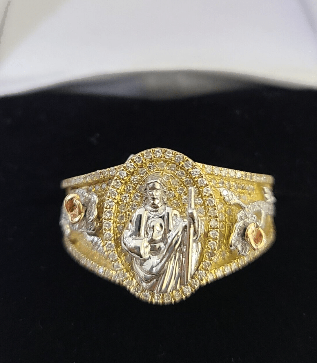 Real 10k Yellow Gold Diamond Mens Ring Jesus Band Wedding Casual Genuine Natural - GoldenlinQ