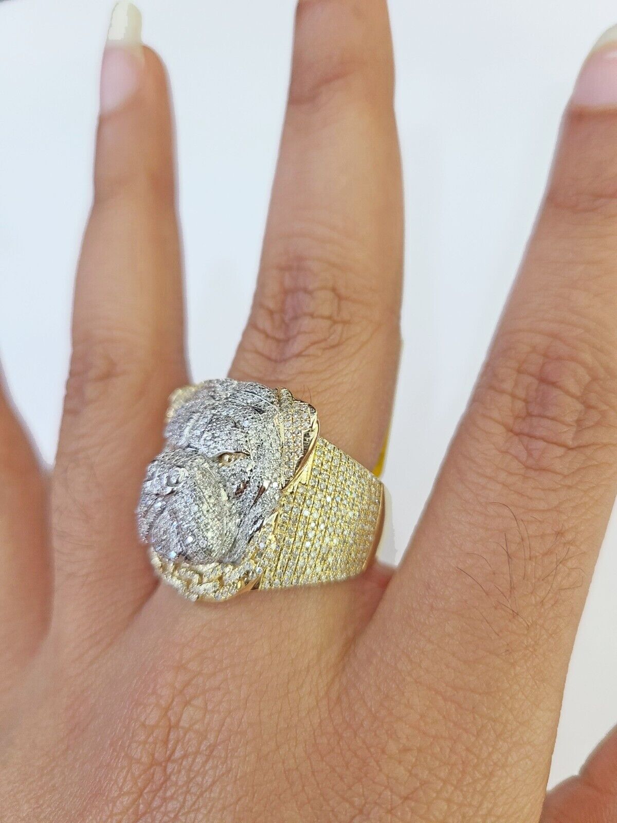 Real 10k Yellow Gold Diamond Ring Dog Face Shaped Men Ring - GoldenlinQ