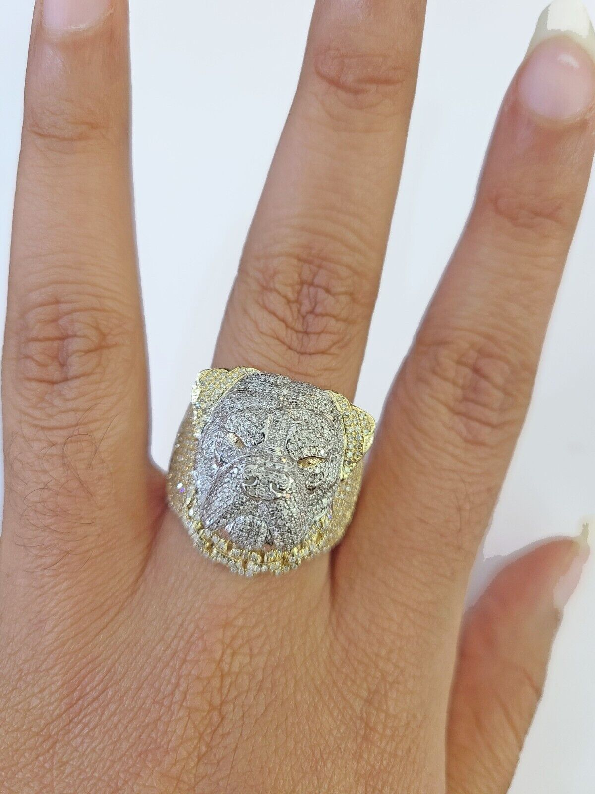 Real 10k Yellow Gold Diamond Ring Dog Face Shaped Men Ring - GoldenlinQ