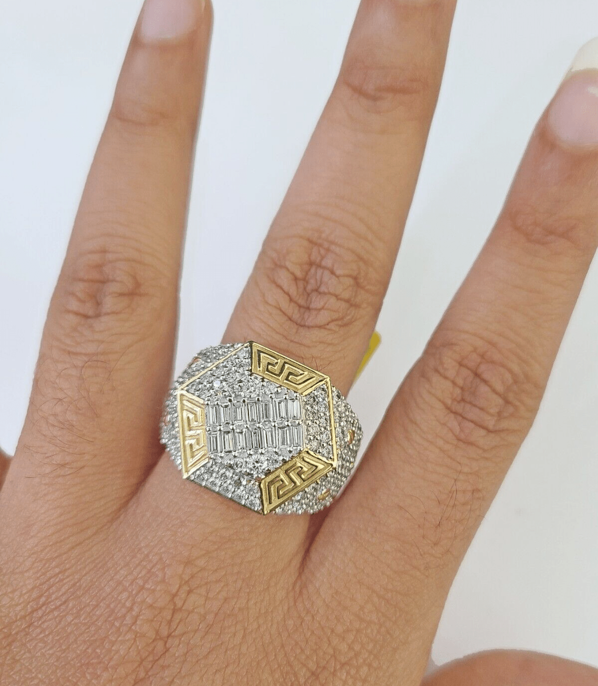 Real 10k Yellow Gold Diamond Ring Hexagon Shaped Men Engagement Wedding Ring - GoldenlinQ