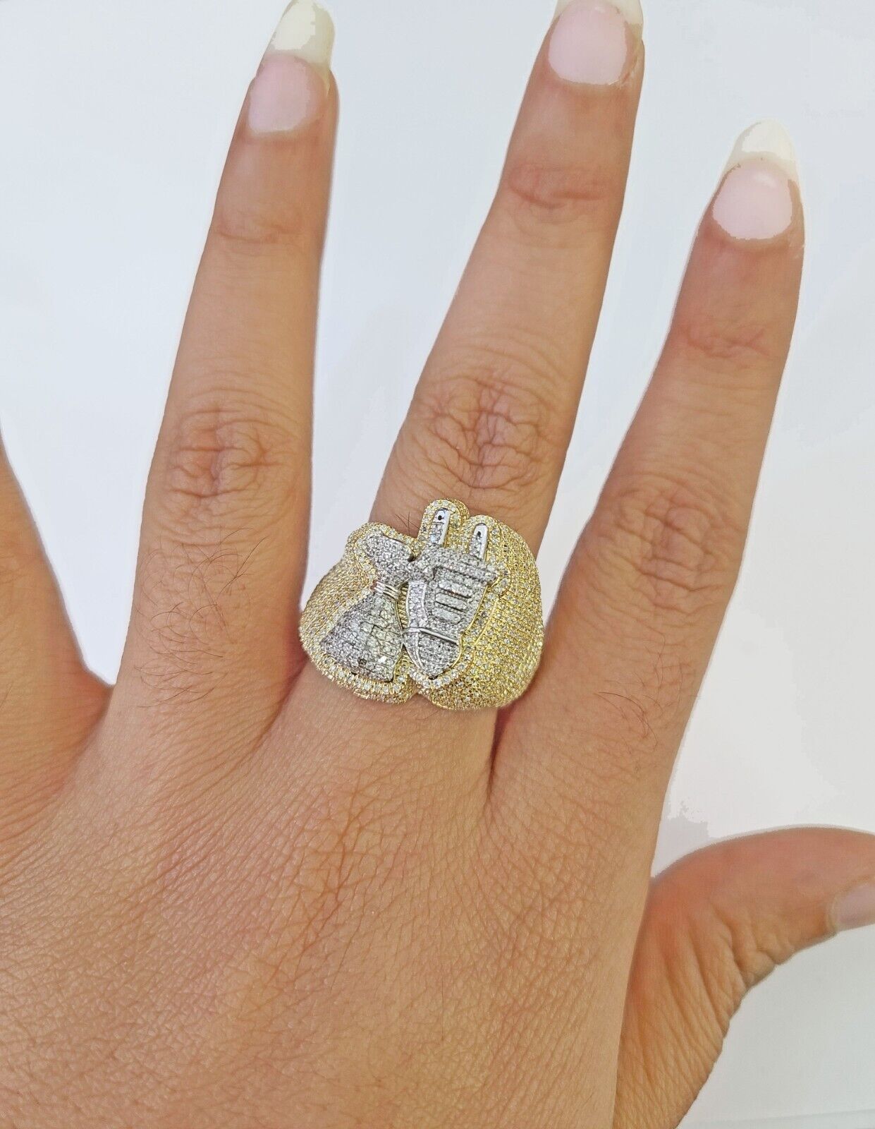 Real 10k Yellow Gold Diamond Ring Plug Socket Shaped Mens Ring - GoldenlinQ