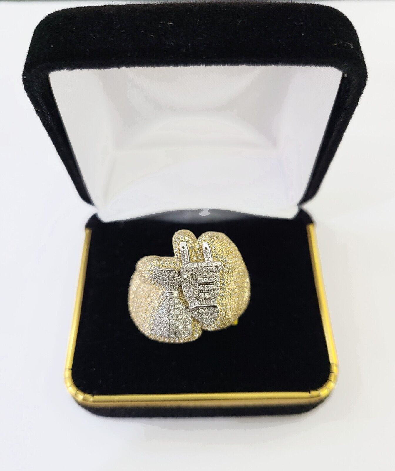 Real 10k Yellow Gold Diamond Ring Plug Socket Shaped Mens Ring - GoldenlinQ