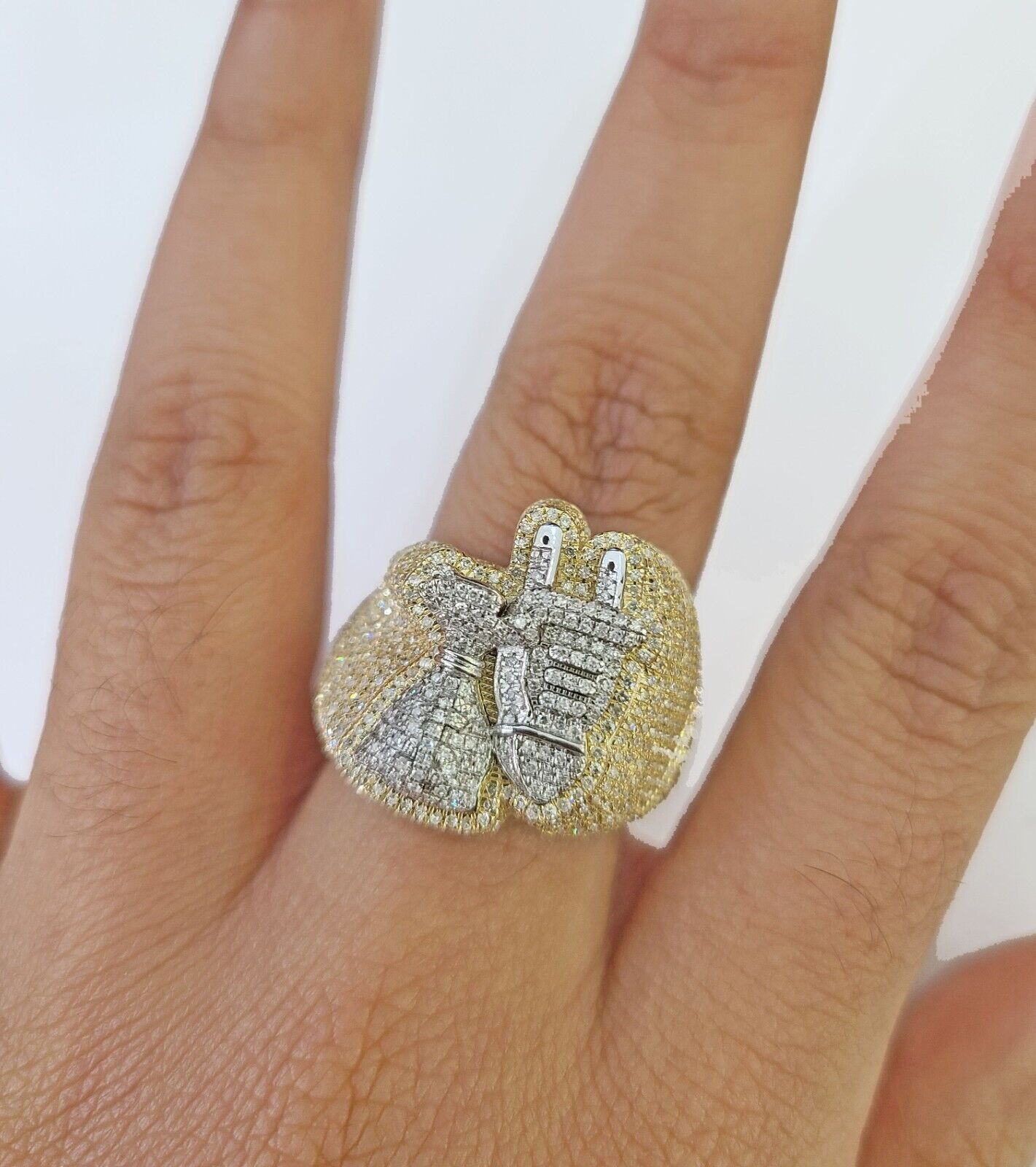 Real 10k Yellow Gold Diamond Ring Plug Socket Shaped Mens Ring - GoldenlinQ