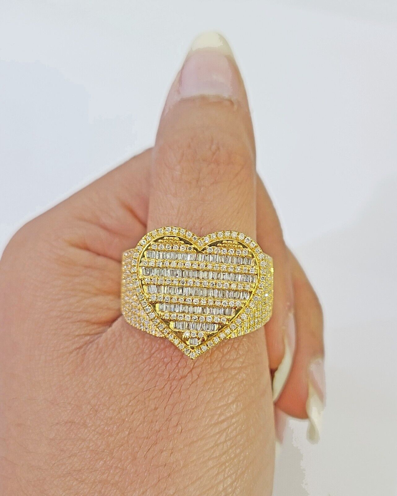 Real 10k Yellow Gold Diamonds Mens Ring Natural Diamond Heart Shaped Size 10 - GoldenlinQ