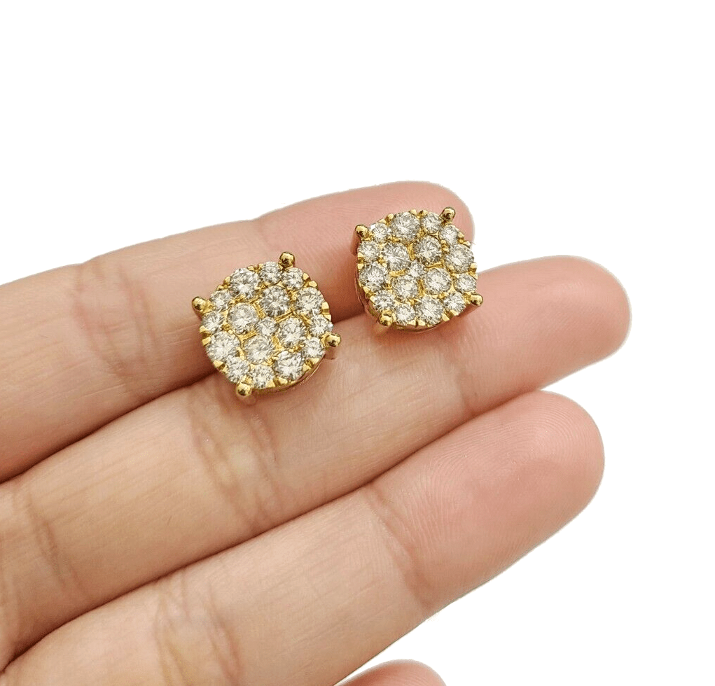 Real 10k Yellow Gold Earring Stud Diamond 3CT Round Design Men Women Screw Back - GoldenlinQ