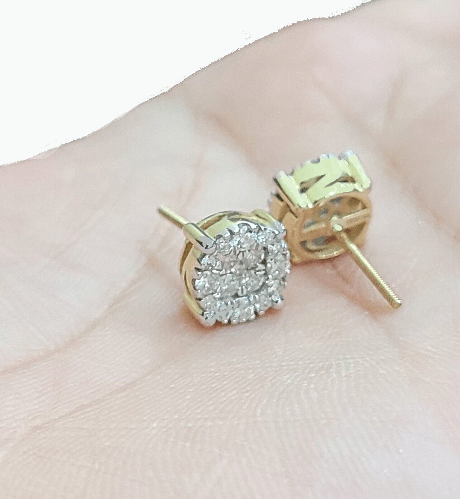 Real 10k Yellow Gold Earring Stud Diamond Round Design Men Women Screw Back - GoldenlinQ