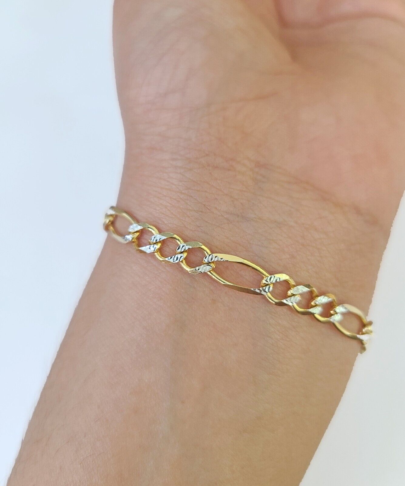 Real 10k Yellow Gold Figaro link Bracelet 5mm 8" Inch Men women Diamond Cut - GoldenlinQ