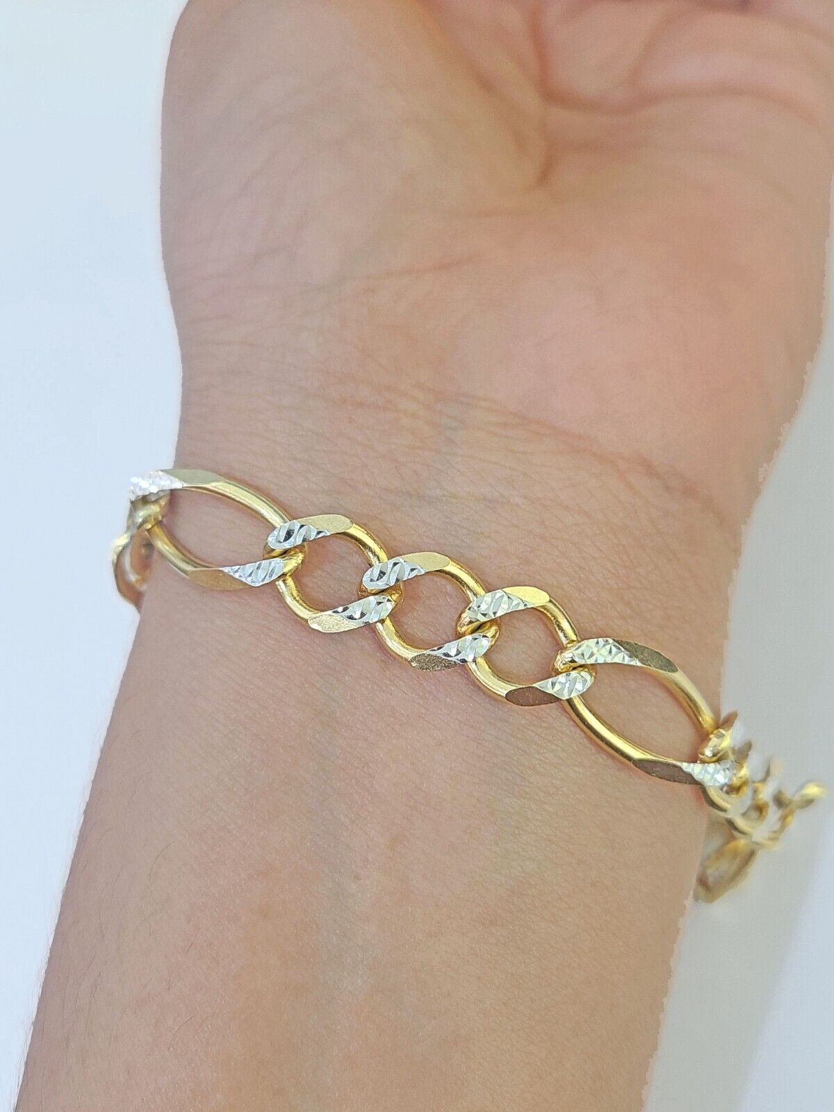 Real 10k Yellow Gold Figaro link Bracelet 9mm 8.5" Inch Solid Diamond Cut - GoldenlinQ