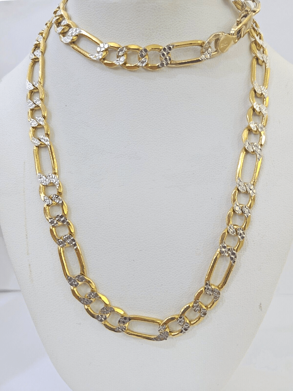 Real 10k Yellow Gold Figaro Link Chain 7mm 24 Inch Diamond Cut Necklace - GoldenlinQ