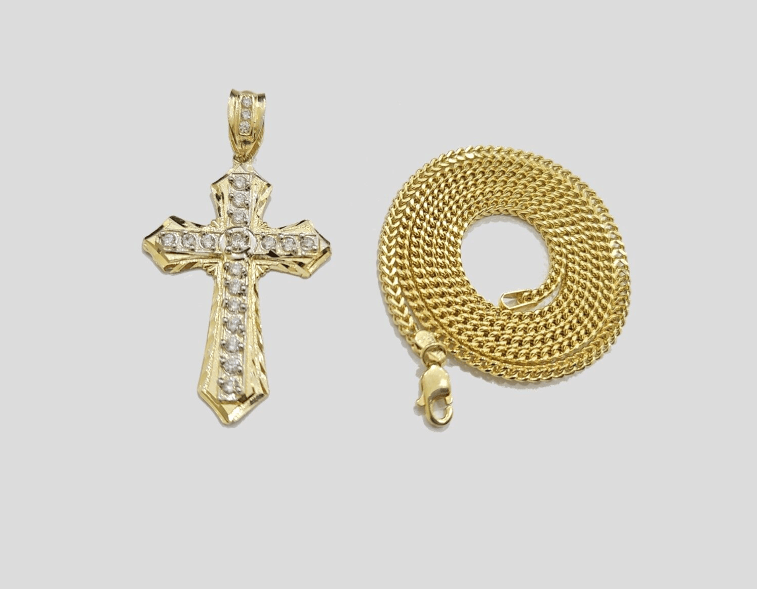 Real 10k Yellow Gold Franco Chain 2.5mm 18" inch Necklace Jesus Cross Charm 10kt - GoldenlinQ