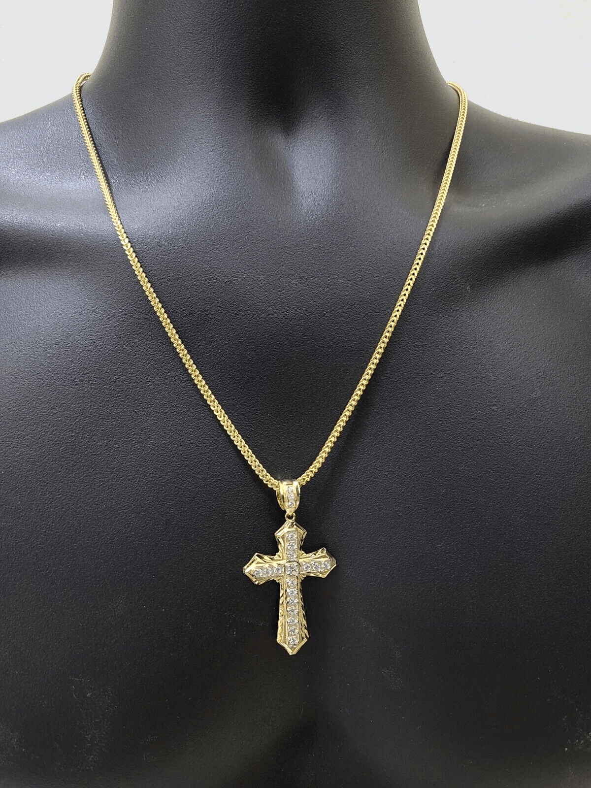 Real 10k Yellow Gold Franco Chain 2.5mm 18" inch Necklace Jesus Cross Charm 10kt - GoldenlinQ
